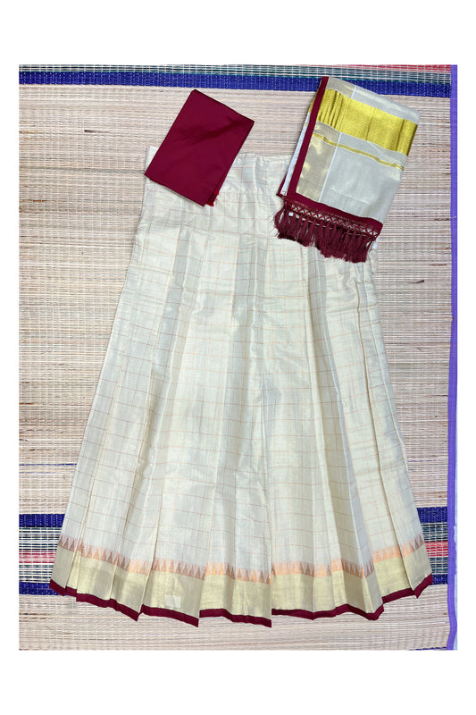 Southloom Semi Stitched Dhavani Set with Tissue Check Design Pavada and Maroon Blouse Piece