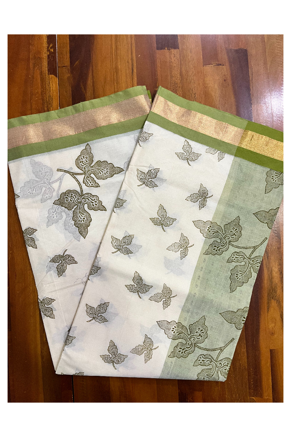 Pure Cotton Kerala Saree with Olive Green Block Print Leaf Designs and Kasavu Border (Vishu 2024 Collection)