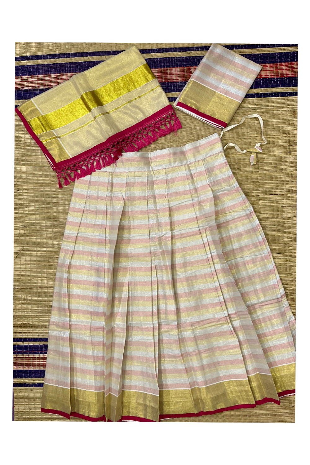 Semi Stitched Dhavani Set with Pink and Kasavu Lines Design Pavada and Blouse Piece