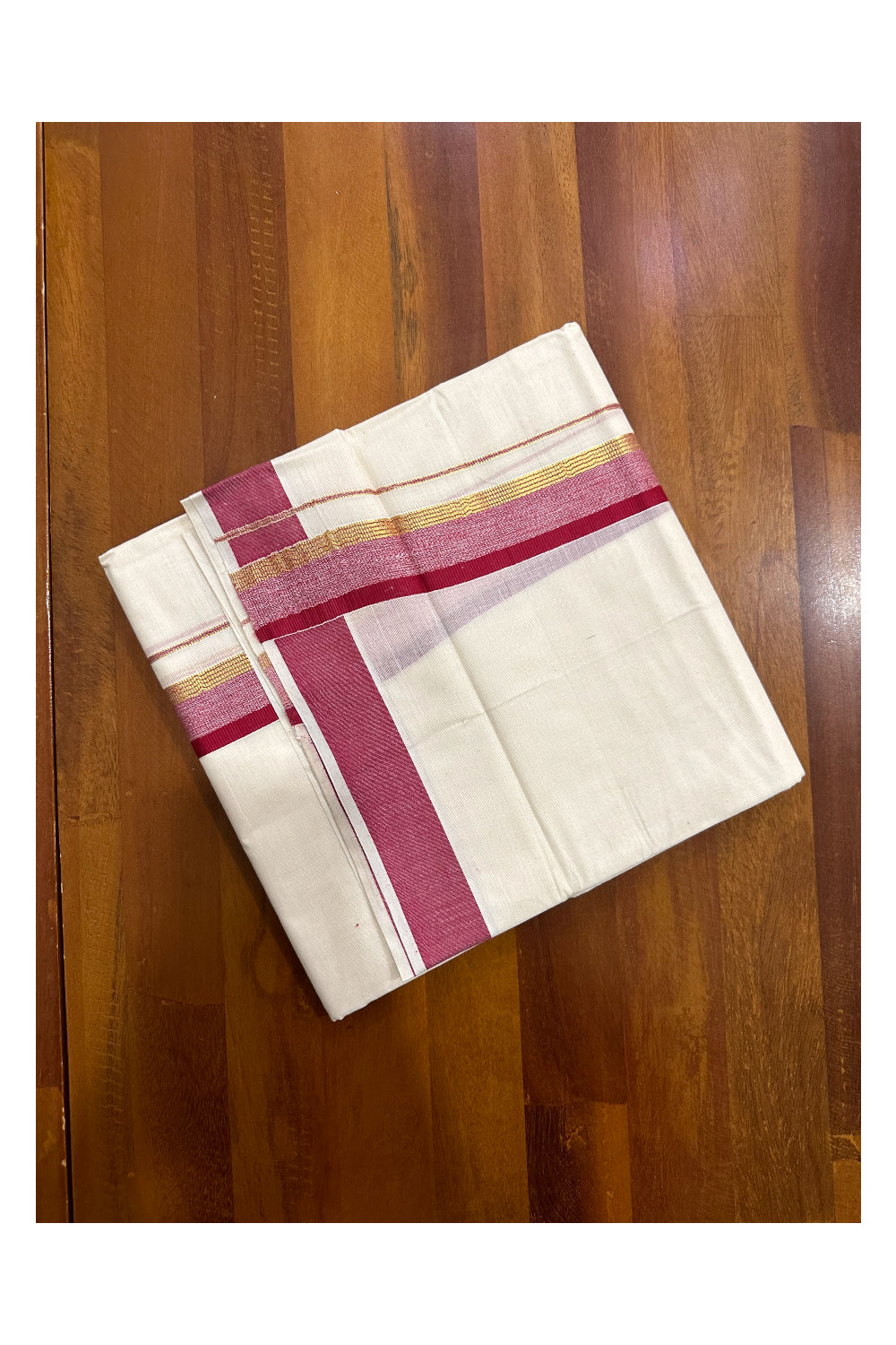 Kerala Cotton Double Mundu with Maroon and Kasavu Border (Onam Mundu 2023)