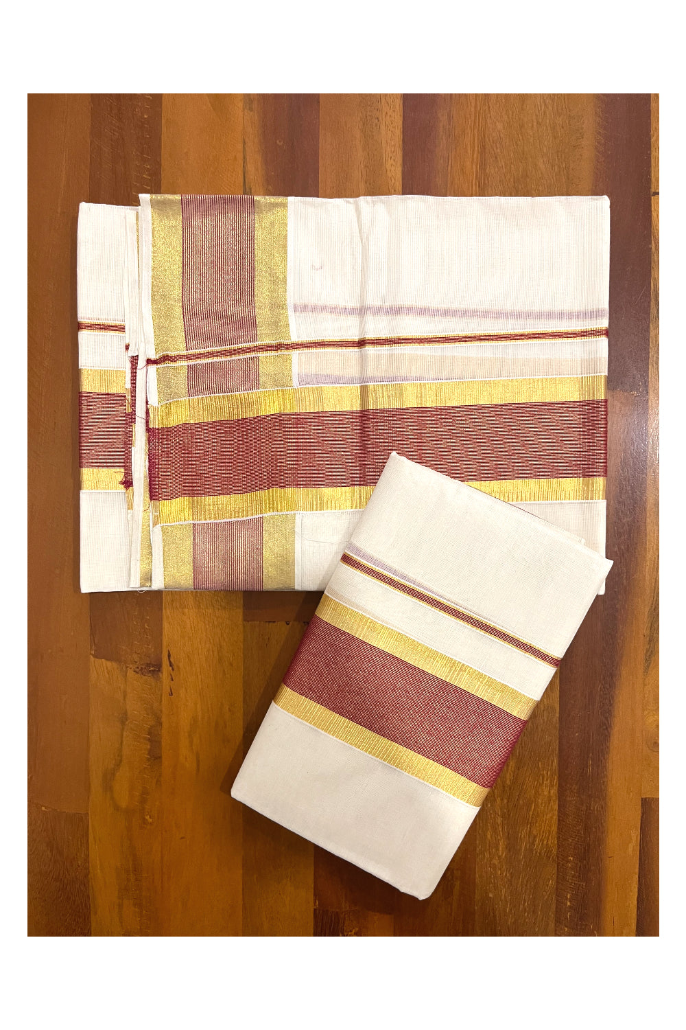 Pure Cotton Kerala Onam 2023 Set Mundu (Mundum Neriyathum) Single with Maroon and Kasavu Border 2.80 Mtrs