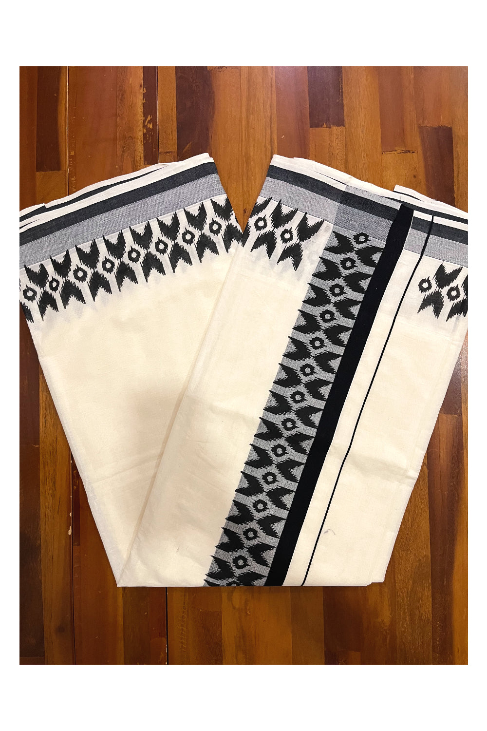 Kerala Cotton Saree with Black Block Printed Border