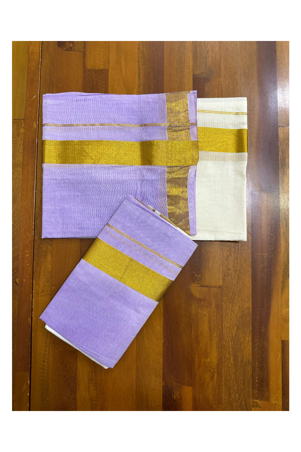 Southloom Tie & Dye - Half & Half  Multi Colour Lavender Design Set Mundu (Mundum Neriyathum) in 2.80 m Neriyathu (Extra Length)