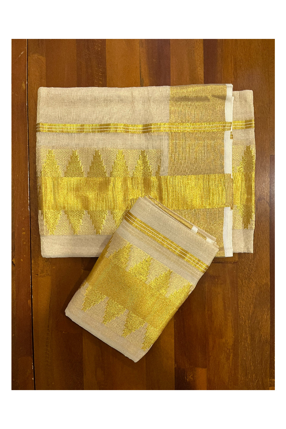 Southloom Premium Handloom Tissue Kasavu Set Mundu (Mundum Neriyathum) with Temple Woven Border (Onam Set Mundu 2023)