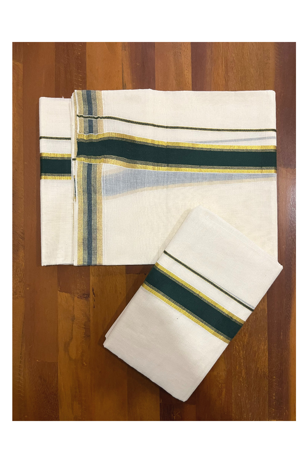 Pure Cotton Kerala Single Set Mundu (Mundum Neriyathum) with Dark Green and Kasavu Border 2.80 Mtrs (Onam Set Mundu 2023)