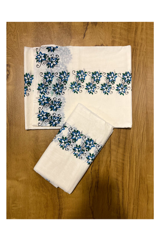 Pure Cotton Kerala Set Mundu (Mundum Neriyathum) with Blue Floral Block Printed Border