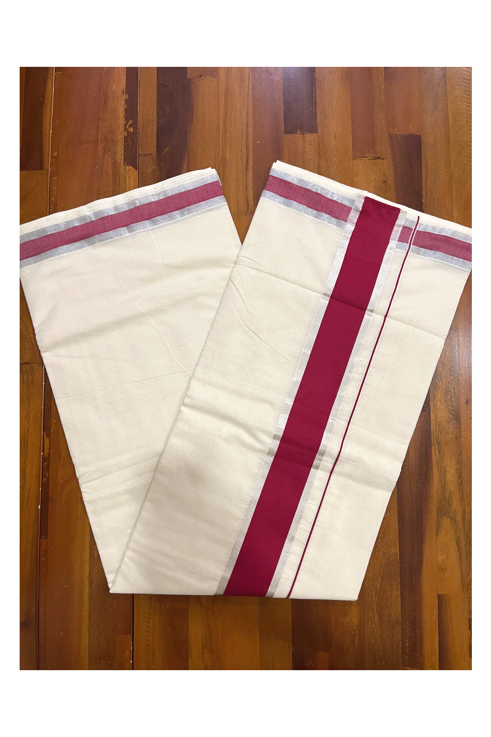 Pure Cotton Kerala Saree with Maroon and Silver Kasavu Border (Onam 2023 Saree)