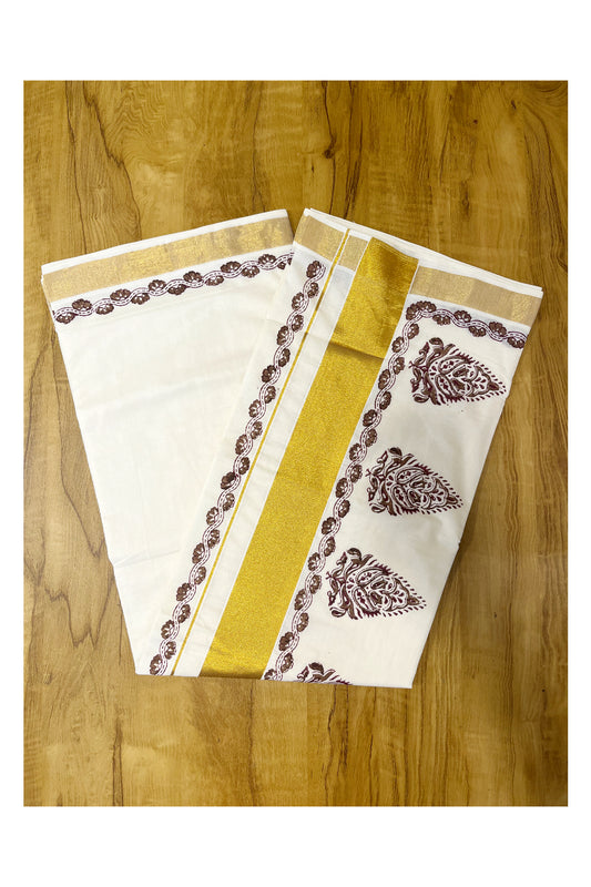 Southloom Cotton Kerala Kasavu Saree with Block Prints On Border