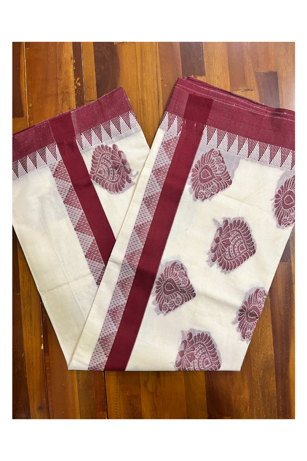 Pure Cotton Kerala Saree with Maroon Heavy Woven Designs and Temple Border (Vishu 2024 Collection)