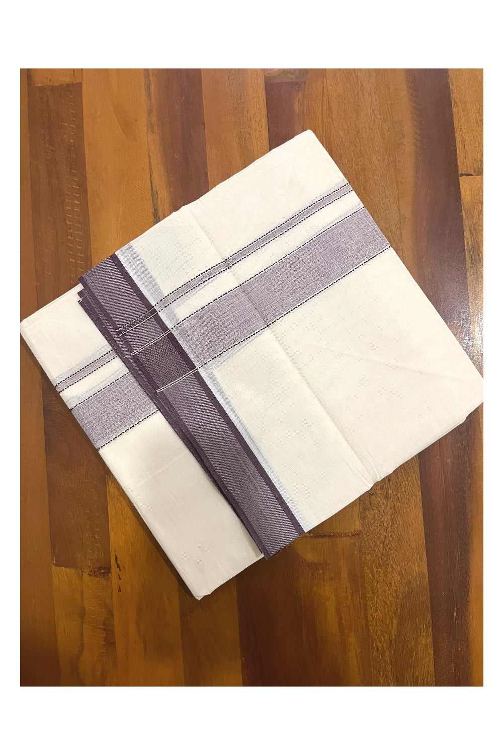 Pure Cotton 100x100 Double Mundu with Silver Kasavu and Brown Kara (Onam Mundu 2023)