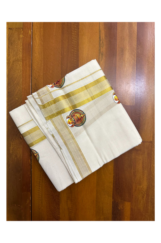 Southloom Lines Kasavu Double Mundu with Mural Print Along Kara