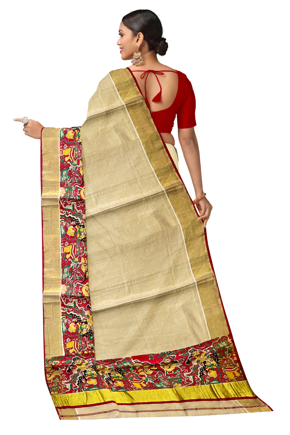 Kerala Tissue Kasavu Saree with Mural Art Printed Design and Red Border