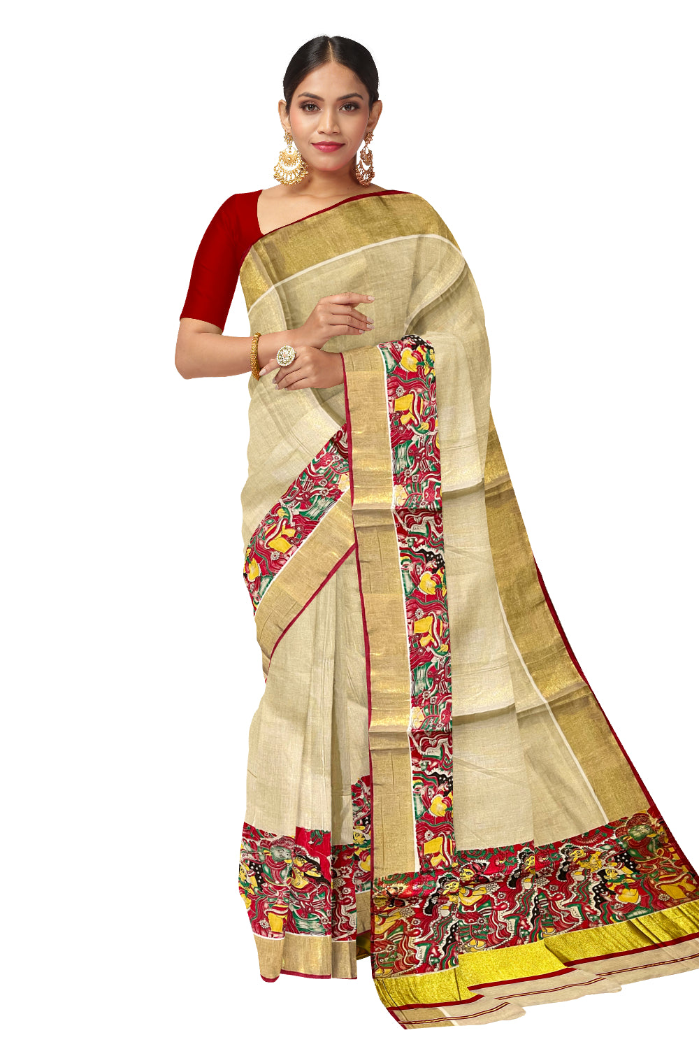 Kerala Tissue Kasavu Saree with Mural Art Printed Design and Red Border