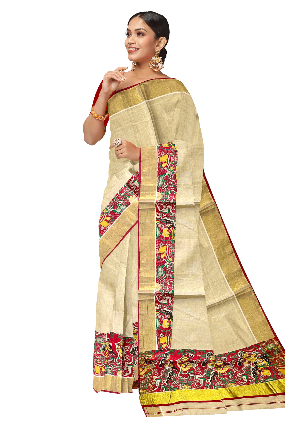 Kerala Tissue Kasavu Saree with Mural Art Printed Design and Red Border