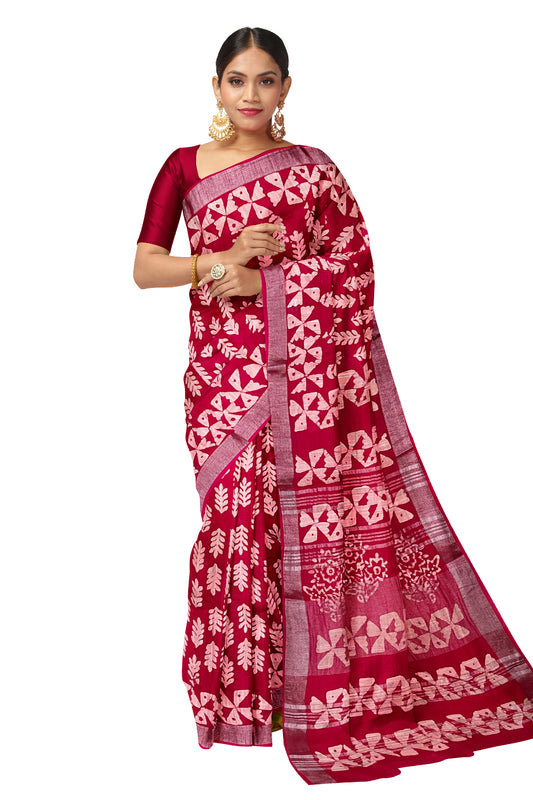 Southloom Linen Dark Pink Designer Saree with Floral Prints