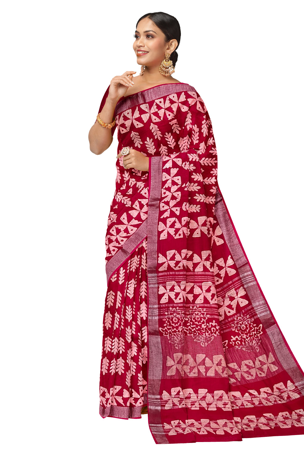 Southloom Linen Dark Pink Designer Saree with Floral Prints