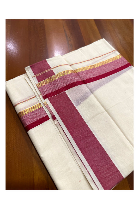 Kerala Cotton Double Mundu with Maroon and Kasavu Border (Onam Mundu 2023)