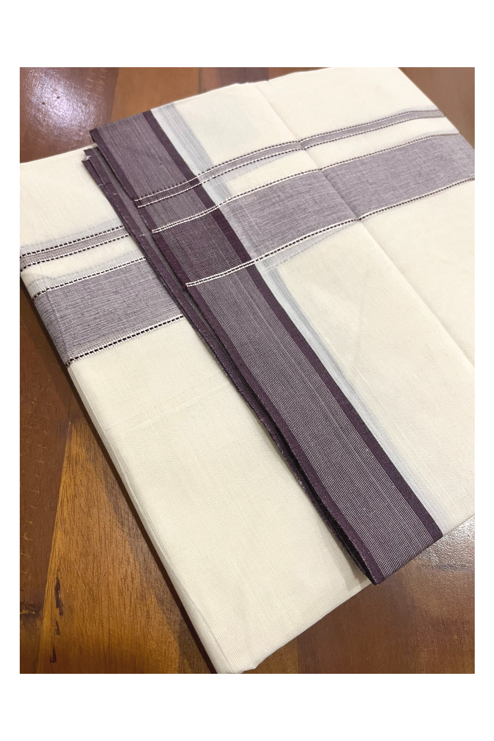 Pure Cotton 100x100 Double Mundu with Silver Kasavu and Brown Kara (Onam Mundu 2023)