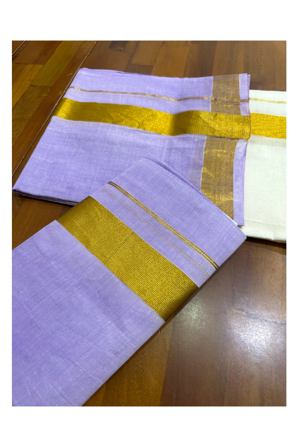 Southloom Tie & Dye - Half & Half  Multi Colour Lavender Design Set Mundu (Mundum Neriyathum) in 2.80 m Neriyathu (Extra Length)