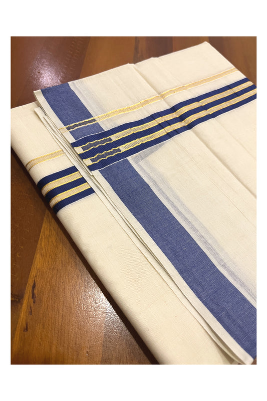 Pure Cotton Off White Double Mundu with Dark Blue and Kasavu Kara (South Indian Dhoti)