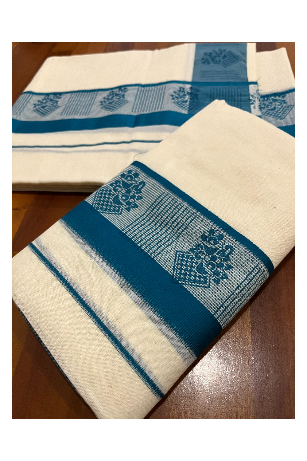 Southloom Pure Cotton Kerala Single Set Mundu with Teal Blue Block Prints on Border