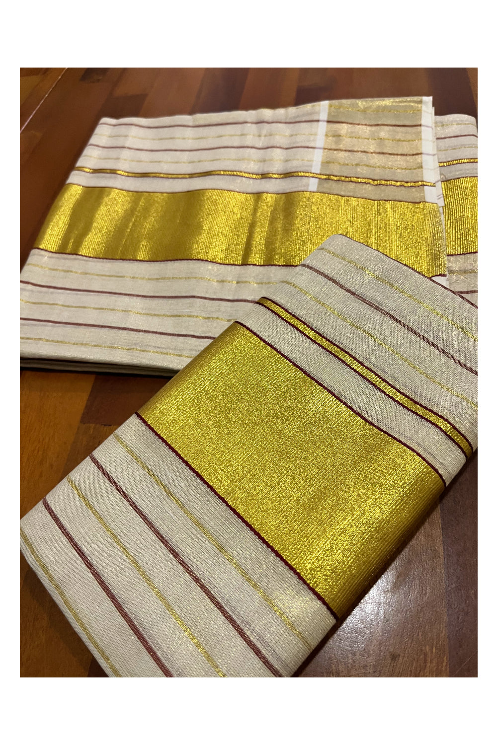 Kerala Tissue Single Set Mundu with Maroon and Golden Lines Designs 2.80 Mtrs