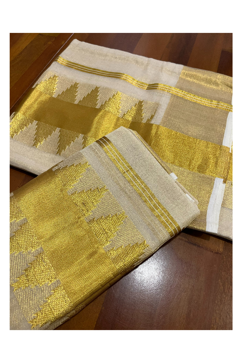 Southloom Premium Handloom Tissue Kasavu Set Mundu (Mundum Neriyathum) with Temple Woven Border (Onam Set Mundu 2023)