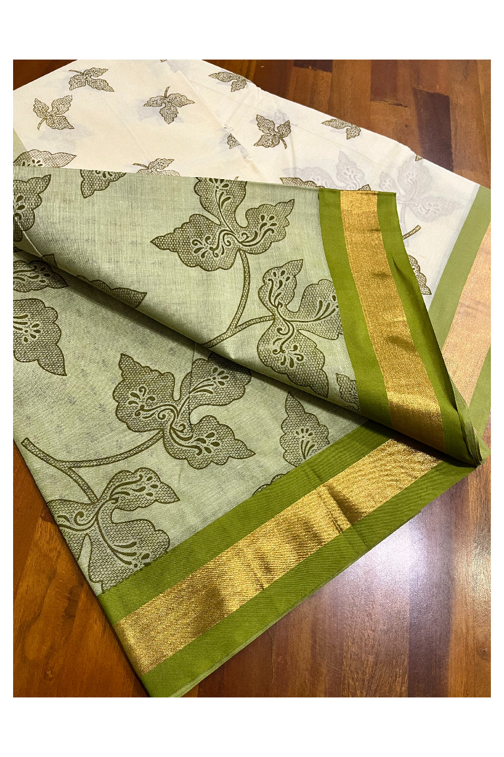 Pure Cotton Kerala Saree with Olive Green Block Print Leaf Designs and Kasavu Border (Vishu 2024 Collection)