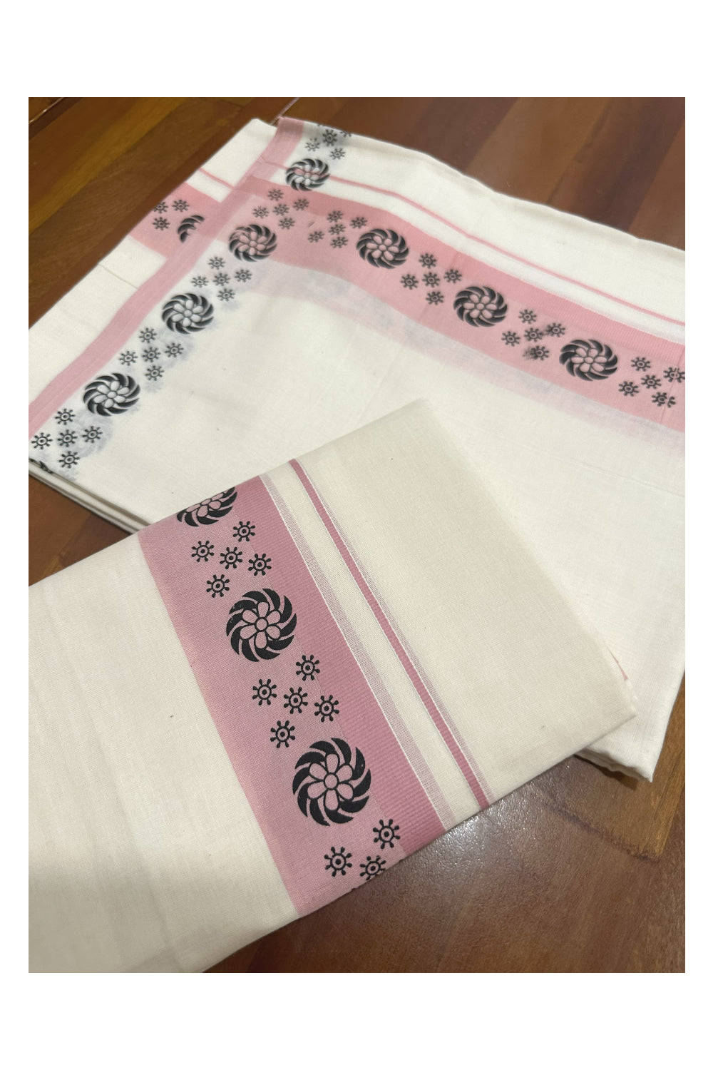 Kerala Cotton Set Mundu (Mundum Neriyathum) with Block Prints on Peach Border (Onam Set Mundu 2023)