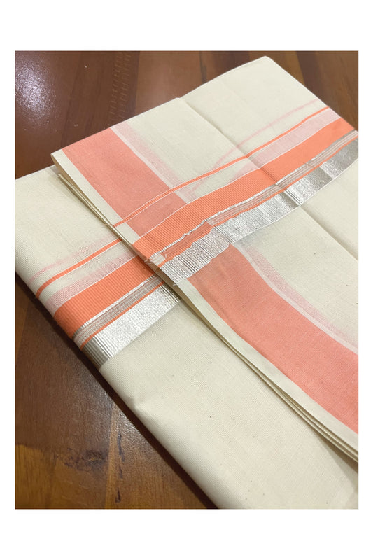 Pure Cotton Kerala Double Mundu with Peach and Silver Kasavu Kara (South Indian Kerala Dhoti)