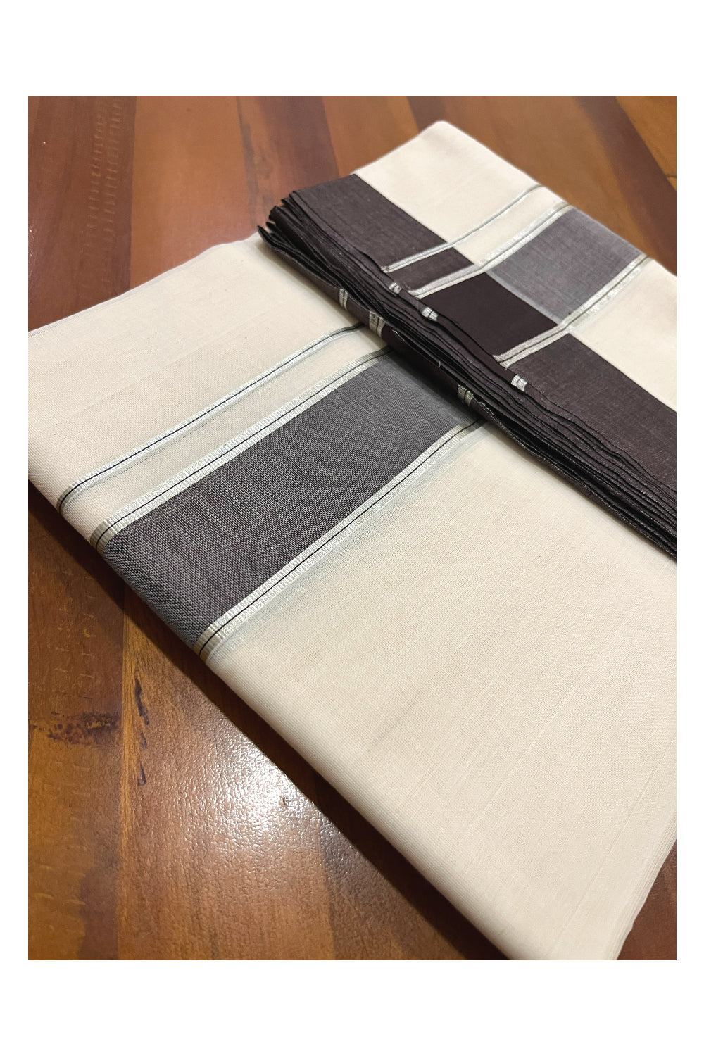 Southloom Premium Balaramapuram Unakkupaavu Handloom Mundu with Dark Brown and Silver Kasavu Border (South Indian Kerala Dhoti)