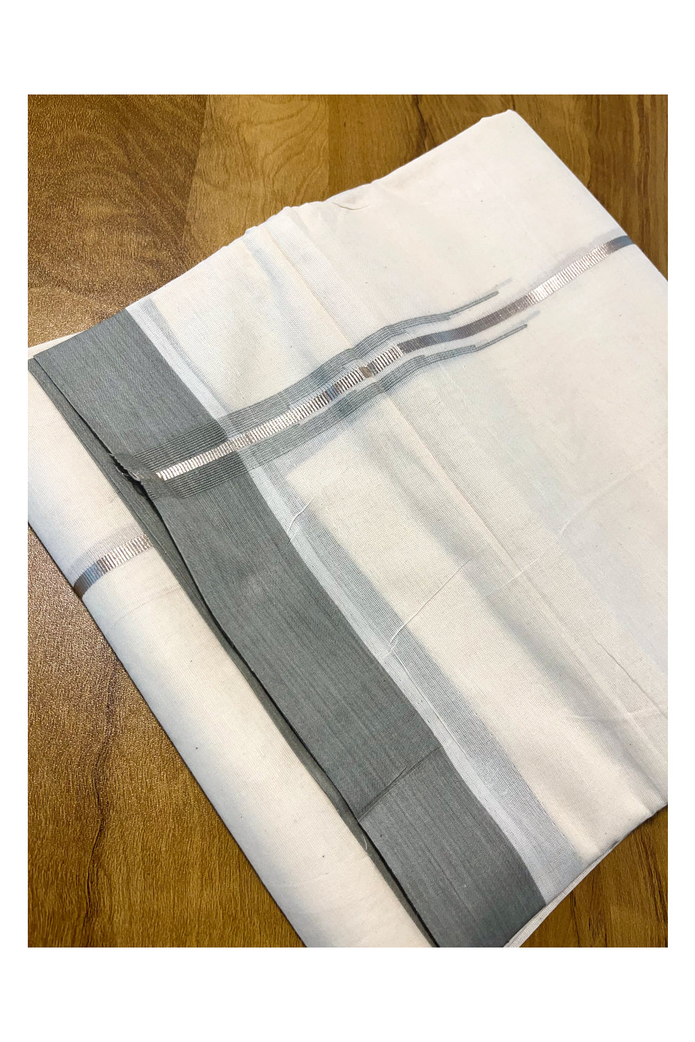 Pure Cotton Off White Double Mundu with Silver Kasavu and Grey Chutti Border (South Indian Kerala Dhoti)