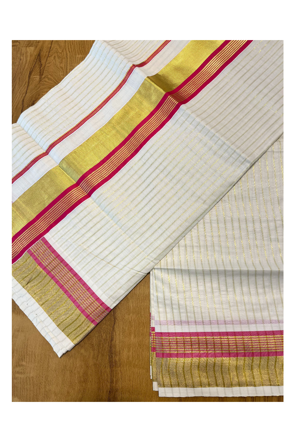 Pure Cotton Kerala Kasavu Lines Design Saree with Pink Border