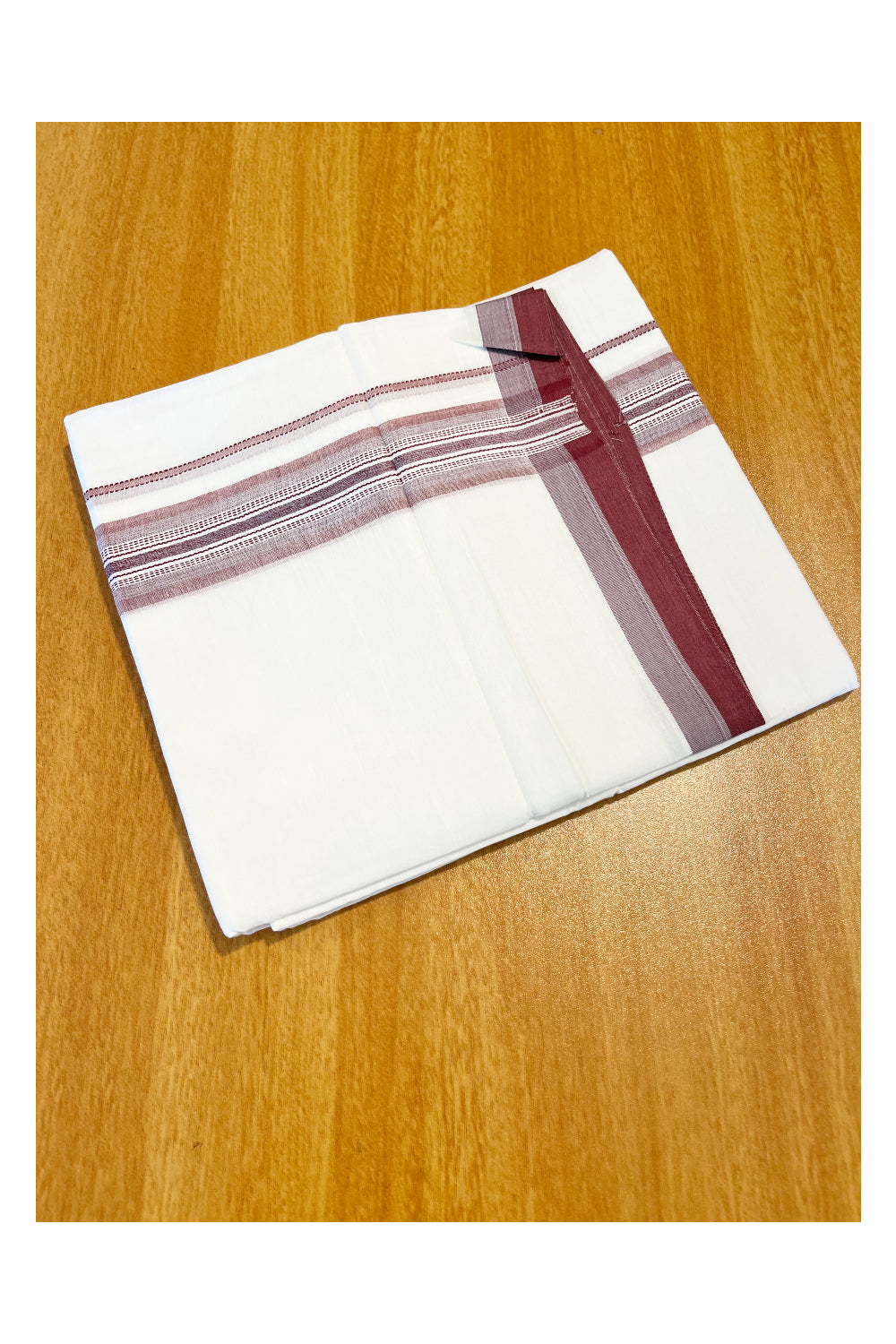 Pure White Cotton Double Mundu with Maroon Border (South Indian Dhoti)