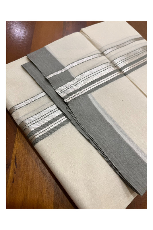 Pure Cotton 100x100 Double Mundu with Silver Kasavu and Grey Border (Onam Mundu 2023)