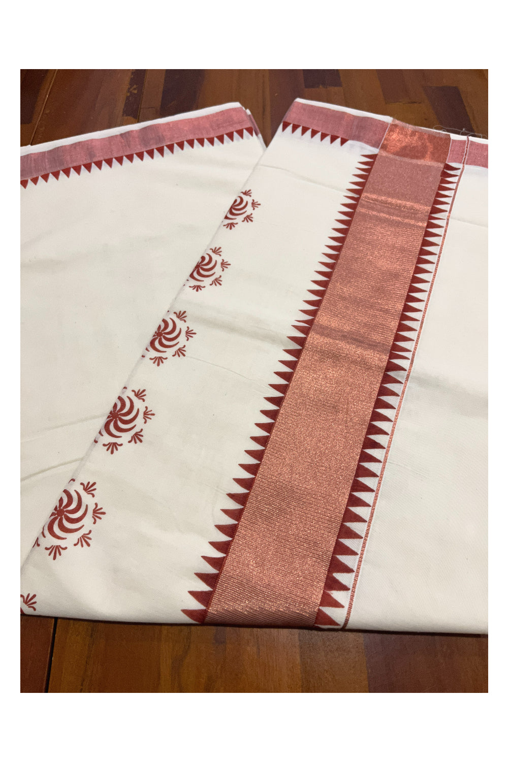 Kerala Pure Cotton Saree with Copper Kasavu Temple Border and Block Prints on Body