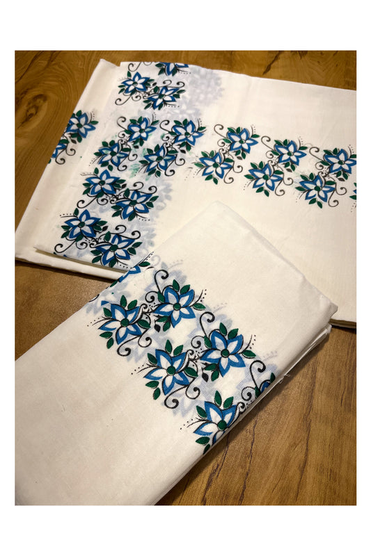 Pure Cotton Kerala Set Mundu (Mundum Neriyathum) with Blue Floral Block Printed Border