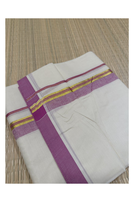 Off White Kerala Double Mundu with Kasavu and Magenta Kara (South Indian Kerala Dhoti)