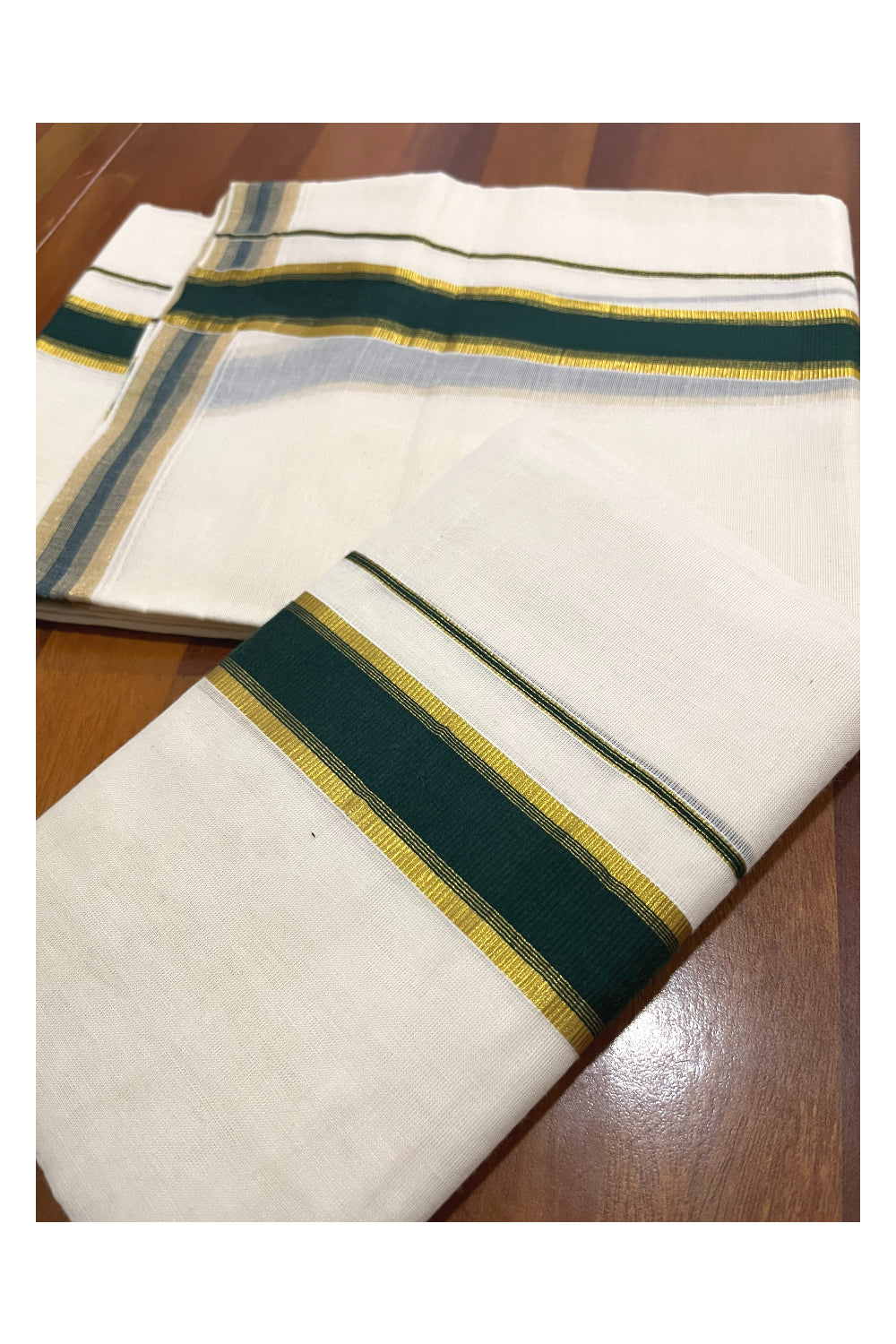 Pure Cotton Kerala Single Set Mundu (Mundum Neriyathum) with Dark Green and Kasavu Border 2.80 Mtrs (Onam Set Mundu 2023)