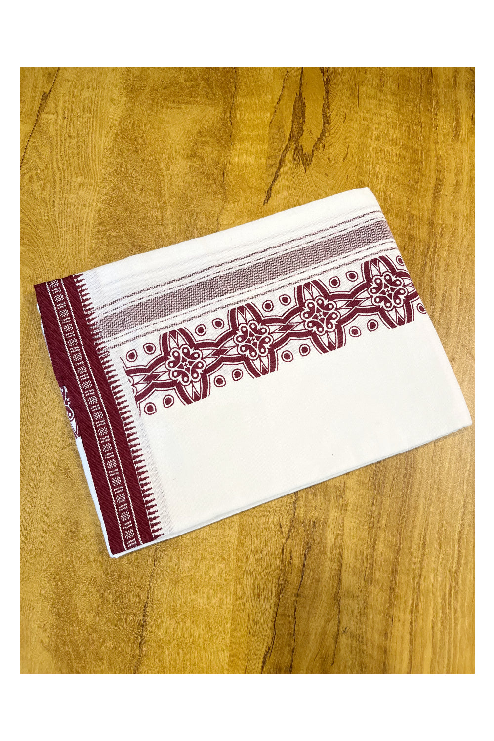 Southloom White And Maroon Printed Single Mundu / Otta Mundu / Lungi (South Indian Kerala Dhoti)