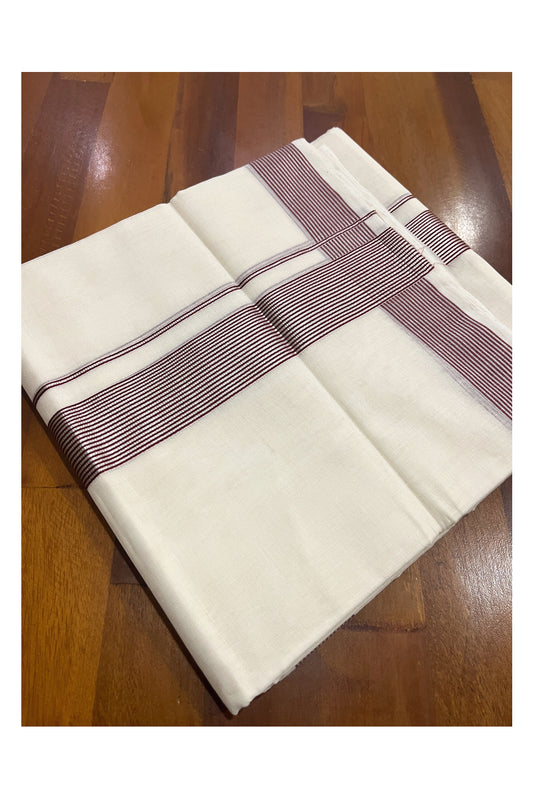 Southloom Premium Handloom Cotton Double Mundu with Silver Kasavu and Maroon Lines Border (South Indian Dhoti)