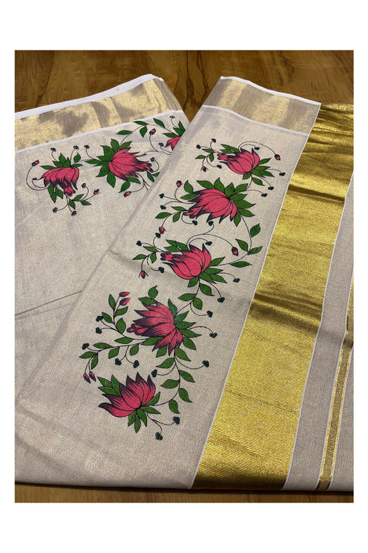 Kerala Tissue Kasavu Saree with Pink Floral Block Printed Designs (Onam 2024 Collection)