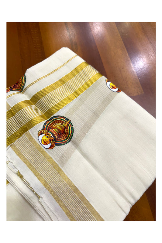 Southloom Lines Kasavu Double Mundu with Mural Print Along Kara