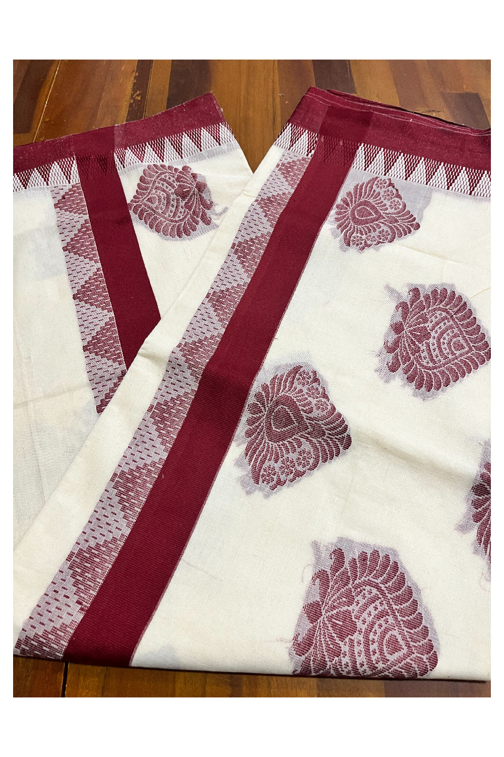 Pure Cotton Kerala Saree with Maroon Heavy Woven Designs and Temple Border (Vishu 2024 Collection)