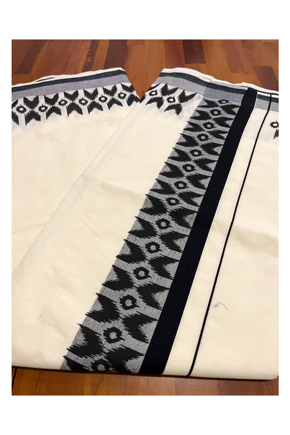 Kerala Cotton Saree with Black Block Printed Border