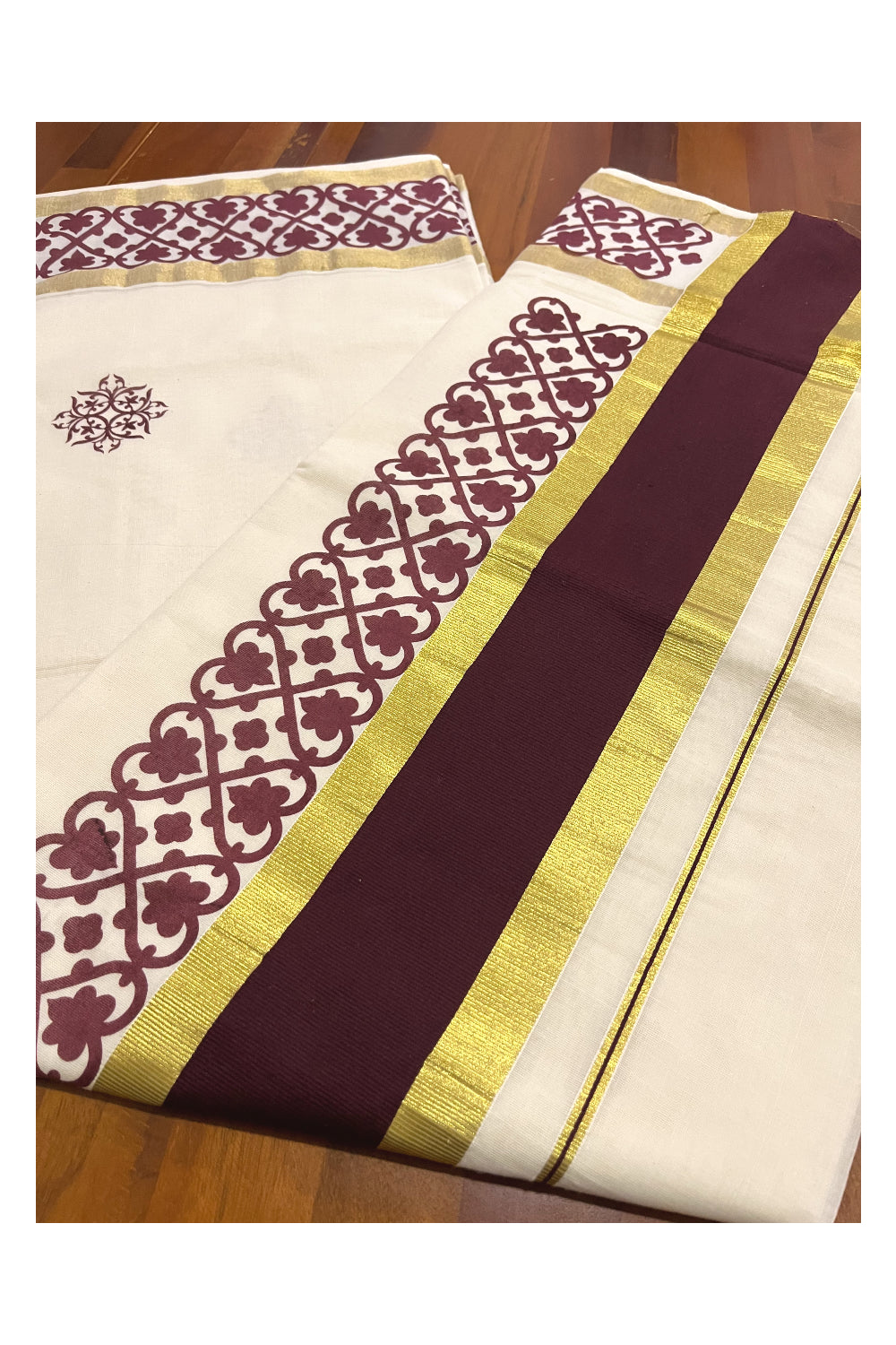 Pure Cotton Kerala Saree with Brown Block Printed Kasavu Border (Onam Saree 2023)