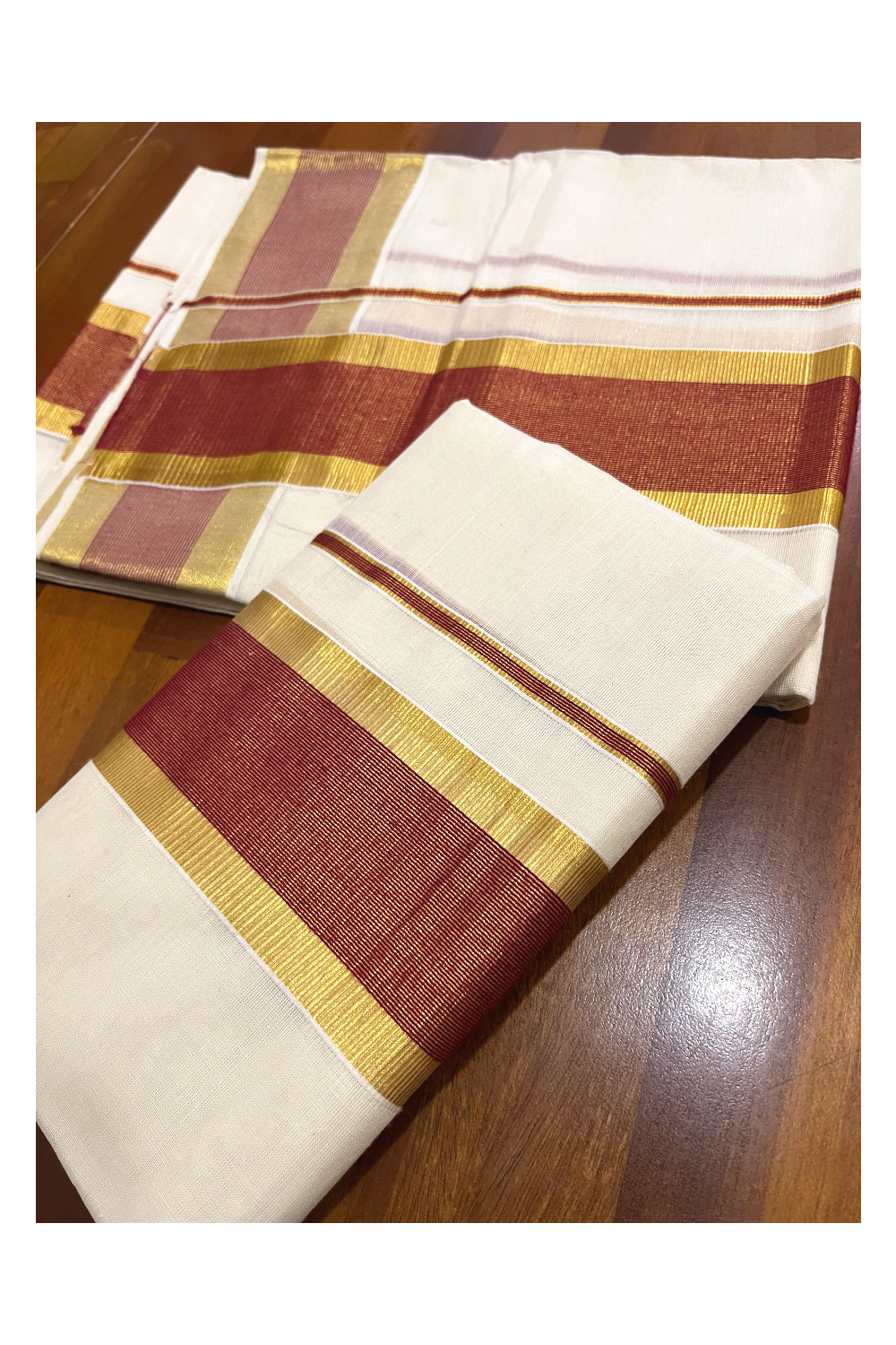 Pure Cotton Kerala Onam 2023 Set Mundu (Mundum Neriyathum) Single with Maroon and Kasavu Border 2.80 Mtrs