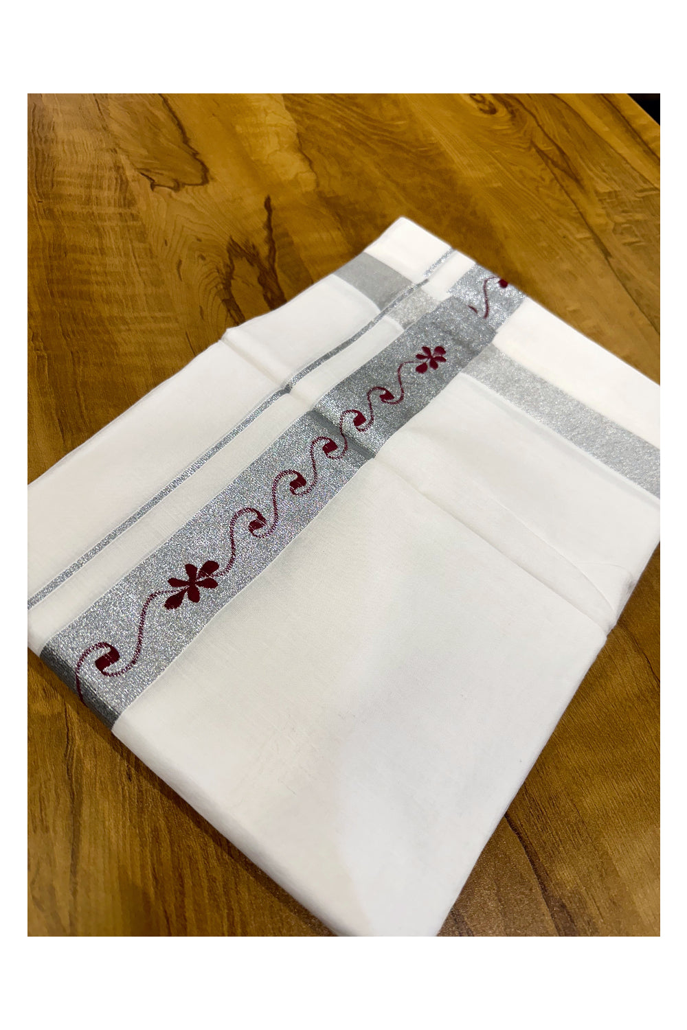 Pure White Cotton Double Mundu with Maroon Prints on Silver Kasavu Border (South Indian Kerala Dhoti)