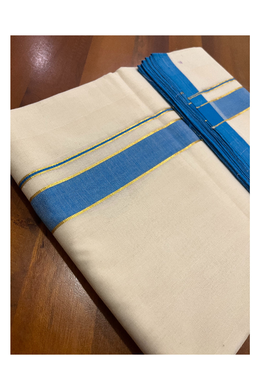 Southloom Premium Balaramapuram Unakkupaavu Handloom Mundu with Blue and Kasavu Border (South Indian Kerala Dhoti)