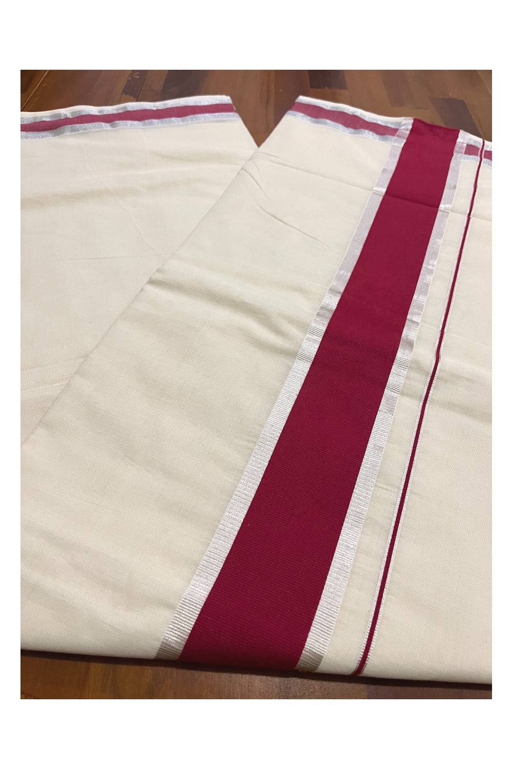 Pure Cotton Kerala Saree with Maroon and Silver Kasavu Border (Onam 2023 Saree)